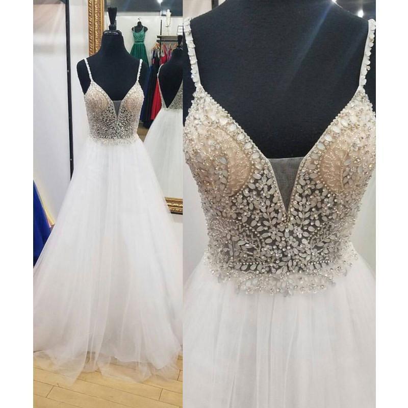 Sexy Backless V Neck White Beaded A-line Long Evening Prom Dresses, 17573
