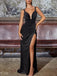 Sexy Black Sheath V-neck High Slit Cheap Long Prom Dresses Online,12885
