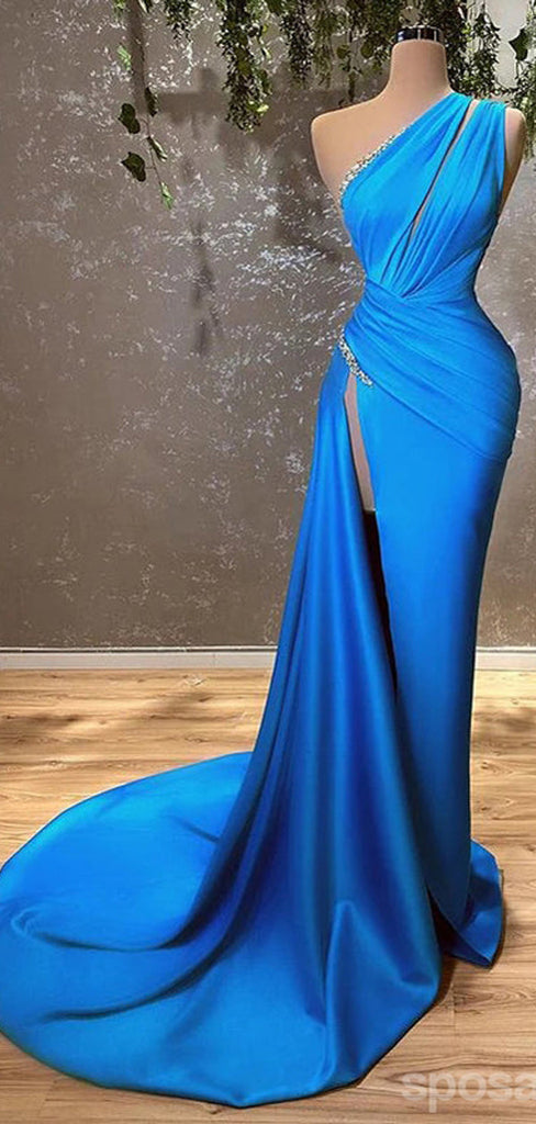 Sexy Blue Sheath One Shoulder High Slit Cheap Long Prom Dresses,12845