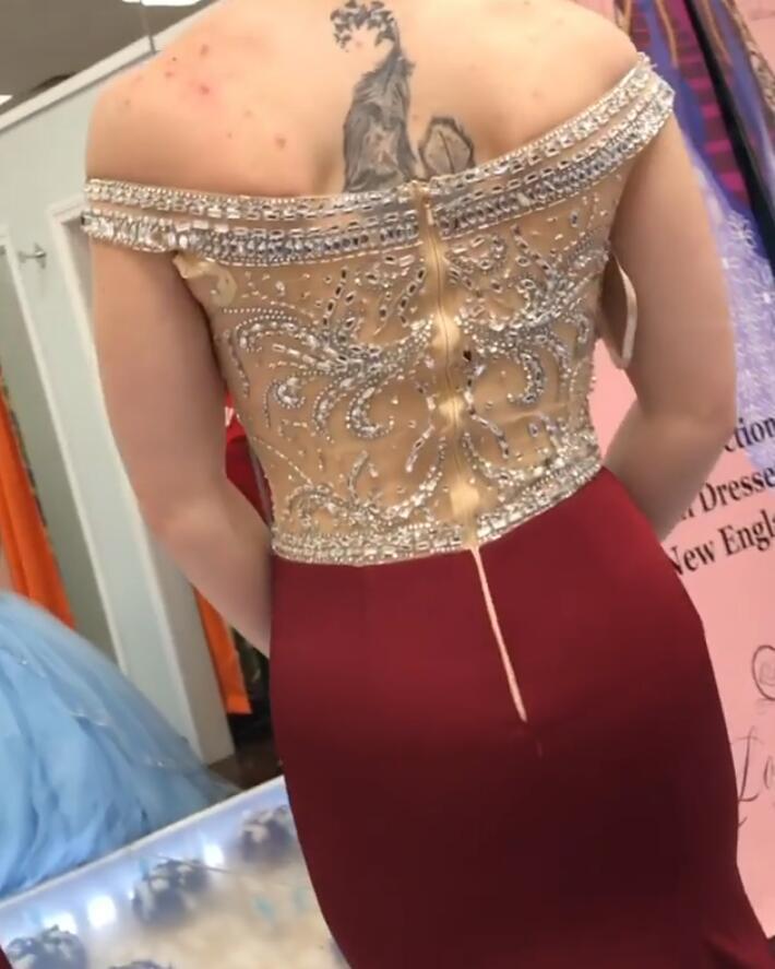 Sexy Gold Beaded Red Mermaid Long Cheap Evening Prom Dresses, 17487