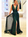 Sexy Green Mermaid High Slit V-neck Maxi Long Party Prom Dresses,13094