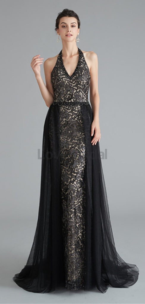Sexy Halter Black Mermaid Lace Evening Prom Dresses, Evening Party Prom Dresses, 12124