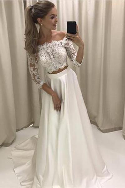 Sexy Off Shoulder Long Sleeve Two Pieces White Long Evening Prom Dresses, 17467
