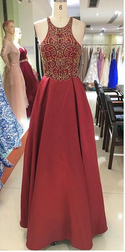 Sexy Open Back Halter Gold Beading Dark Red Long Evening Prom Dresses, Popular Cheap Long Party Prom Dresses, 17296