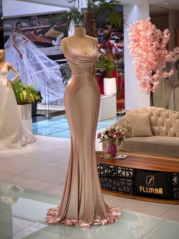 Sexy Rose Gold Mermaid Spaghetti Straps Maxi Long Prom Dresses Online,13048