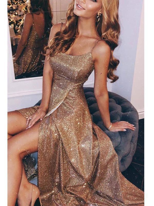 Sexy Side Slit Sequin Cheap Long Evening Prom Dresses, Evening Party Prom Dresses, 12310
