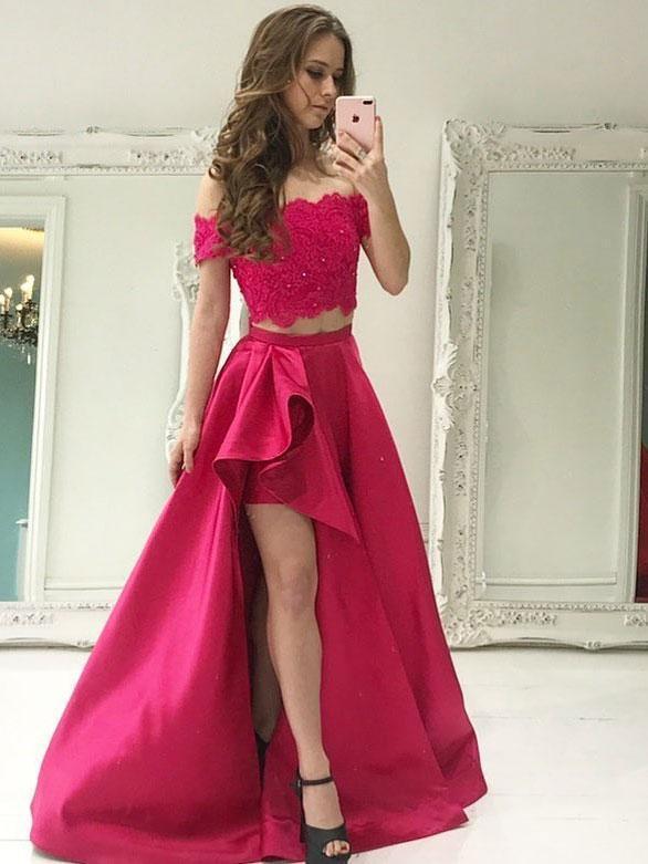 Sexy Two Pieces Applique Off Shoulder High Low Custom Evening Prom Dresses, 17448