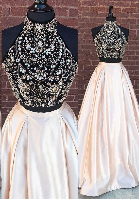 Sexy Two Pieces Beaded Blush Pink Skirt Evening Prom Dresses, Long Beaded Prom Dress, Custom Long Prom Dress, Cheap Party Prom Dress,17037