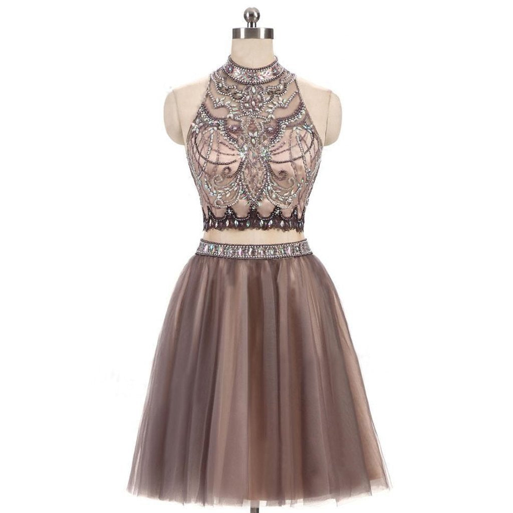 Sexy Two Pieces Beaded Brown Tulle Short Homecoming Prom Dresses, Affordable Short Party Prom Sweet 16 Dresses, Perfect Homecoming Cocktail Dresses, CM367