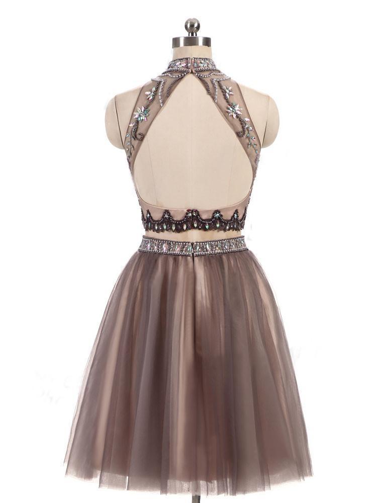 Sexy Two Pieces Beaded Brown Tulle Short Homecoming Prom Dresses, Affordable Short Party Prom Sweet 16 Dresses, Perfect Homecoming Cocktail Dresses, CM367