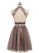 Sexy Two Pieces Beaded Brown Tulle Short Homecoming Prom Dresses, Affordable Short Party Prom Sweet 16 Dresses, Perfect Homecoming Cocktail Dresses, CM367