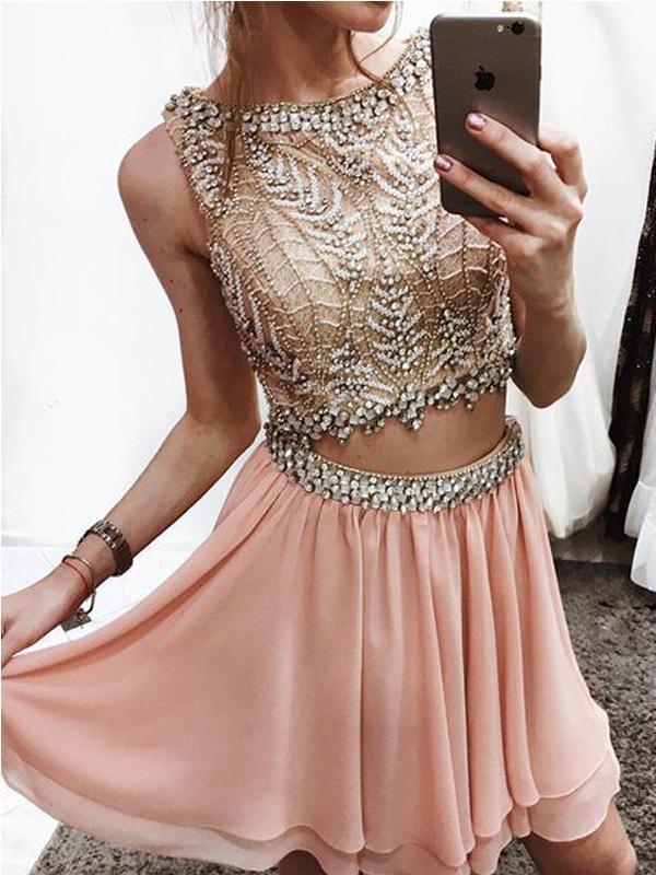 Sexy Two Pieces Blush Pink Heavily Beaded Short Homecoming Dresses Online, CM680