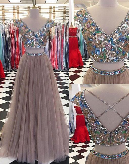 Sexy Two Pieces Cap Sleeve Heavily Beaded Long Evening Prom Dresses, Popular Cheap Long Party Prom Dresses, 17247