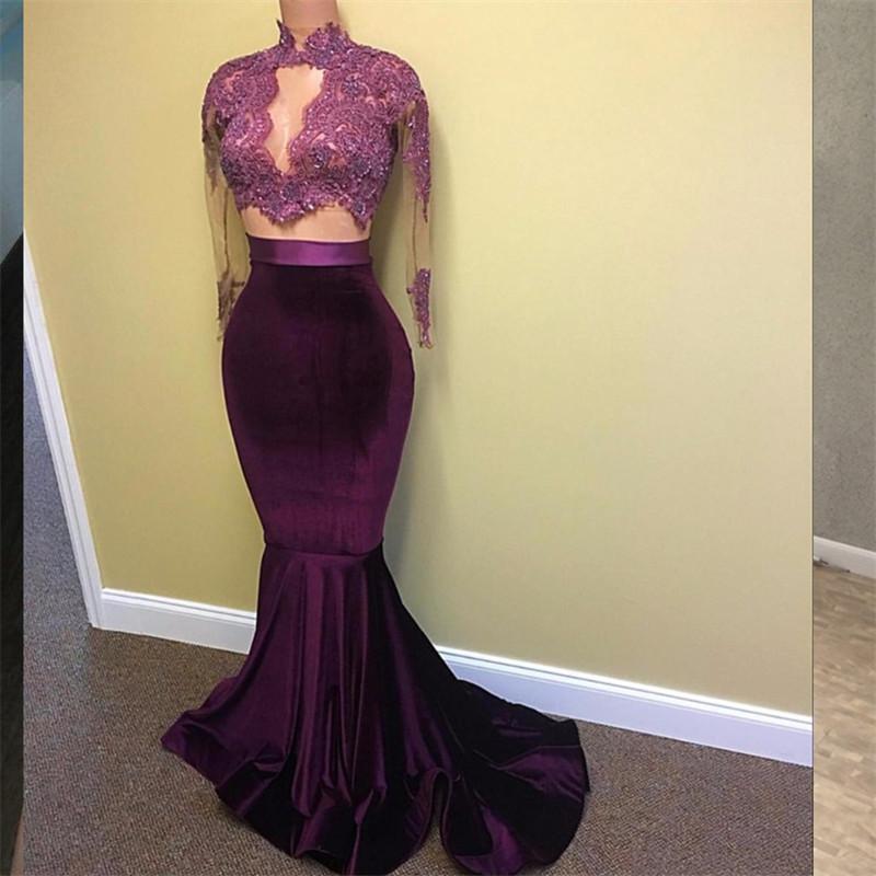 Sexy Two Pieces Long Sleeve See Through Lace Beaded Evening Prom Dresses, Popular Purple Party Prom Dress, Custom Long Prom Dresses, Cheap Formal Prom Dresses, 17162