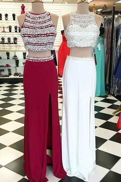 Sexy Two Pieces Red Beaded Evening Prom Dresses, Long Beaded Party Prom Dress, Custom Long Prom Dresses, Cheap Formal Prom Dresses, 17055