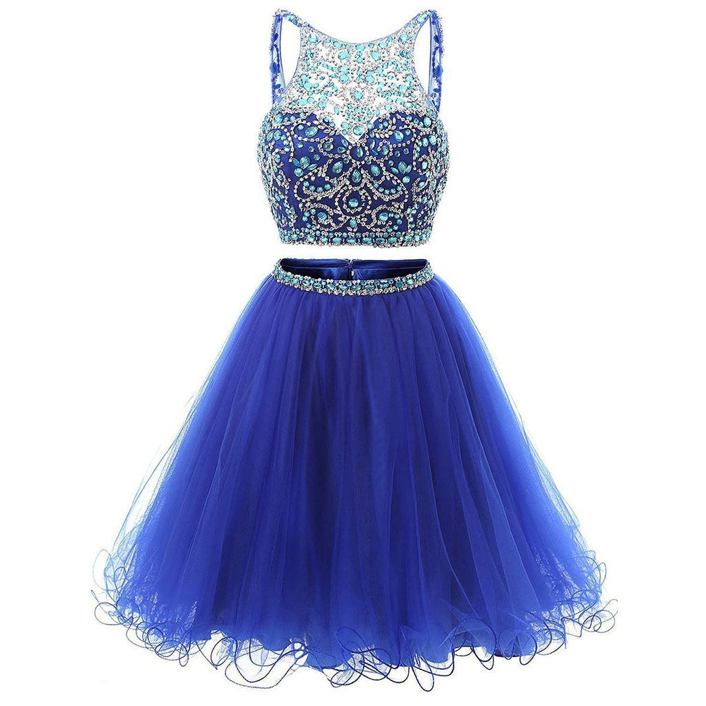 Sexy Two Pieces Royal Blue Beaded Tulle Homecoming Prom Dresses, Affordable Short Party Prom Sweet 16 Dresses, Perfect Homecoming Cocktail Dresses, CM352