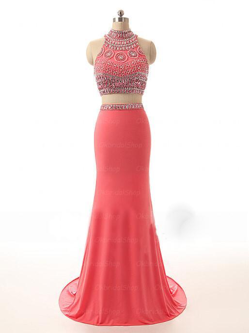 Sexy Watermelon Two Pieces Hight Neck Jersey Junior Affordable Evening Party Long Prom Dresses, WG232