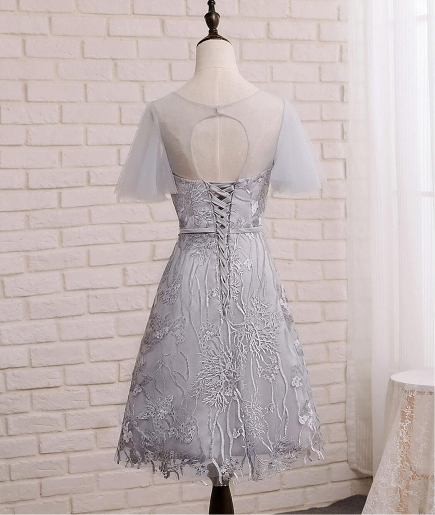 Short Sleeve Gray Lace Cute Homecoming Prom Dresses, Affordable Short Party Prom Sweet 16 Dresses, Perfect Homecoming Cocktail Dresses, CM338