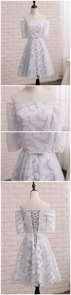 Short Sleeve Gray Leaf Lace Cute Homecoming Prom Dresses, Affordable Short Party Prom Sweet 16 Dresses, Perfect Homecoming Cocktail Dresses, CM339