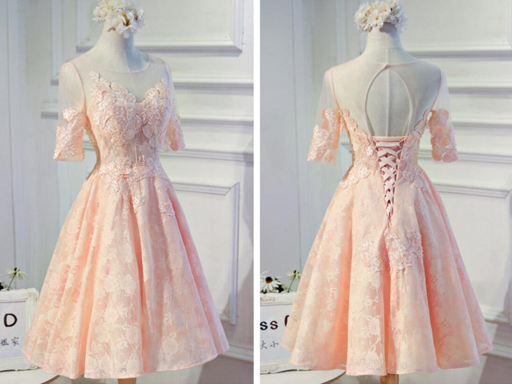 Short Sleeve Peach Lace Open Back Homecoming Prom Dresses, Affordable Short Party Prom Dresses, Perfect Homecoming Dresses, CM297