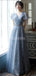 Short Sleeves Grey Lace Long Evening Prom Dresses, Evening Party Prom Dresses, 12218