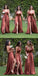 Simple A-line Chocolate V-neck High Slit Cheap Long Bridesmaid Dresses Online,WG982