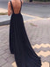 Simple Black Chiffon Backless Deep V Neck A line Long Custom Evening Prom Dresses, 17404