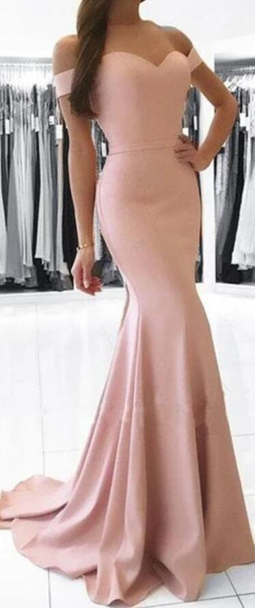 Simple Blush Pink Off Shoulder Short Sleeve Mermaid Long Custom Evening Prom Dresses, 17419