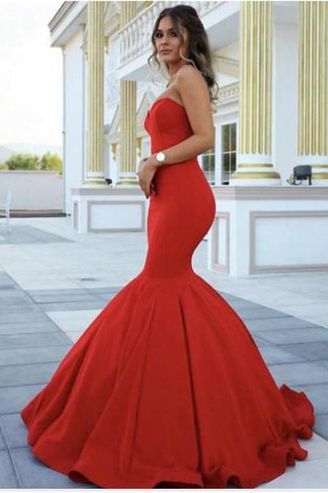Simple Cheap Red Mermaid Long Evening Prom Dresses, 17648