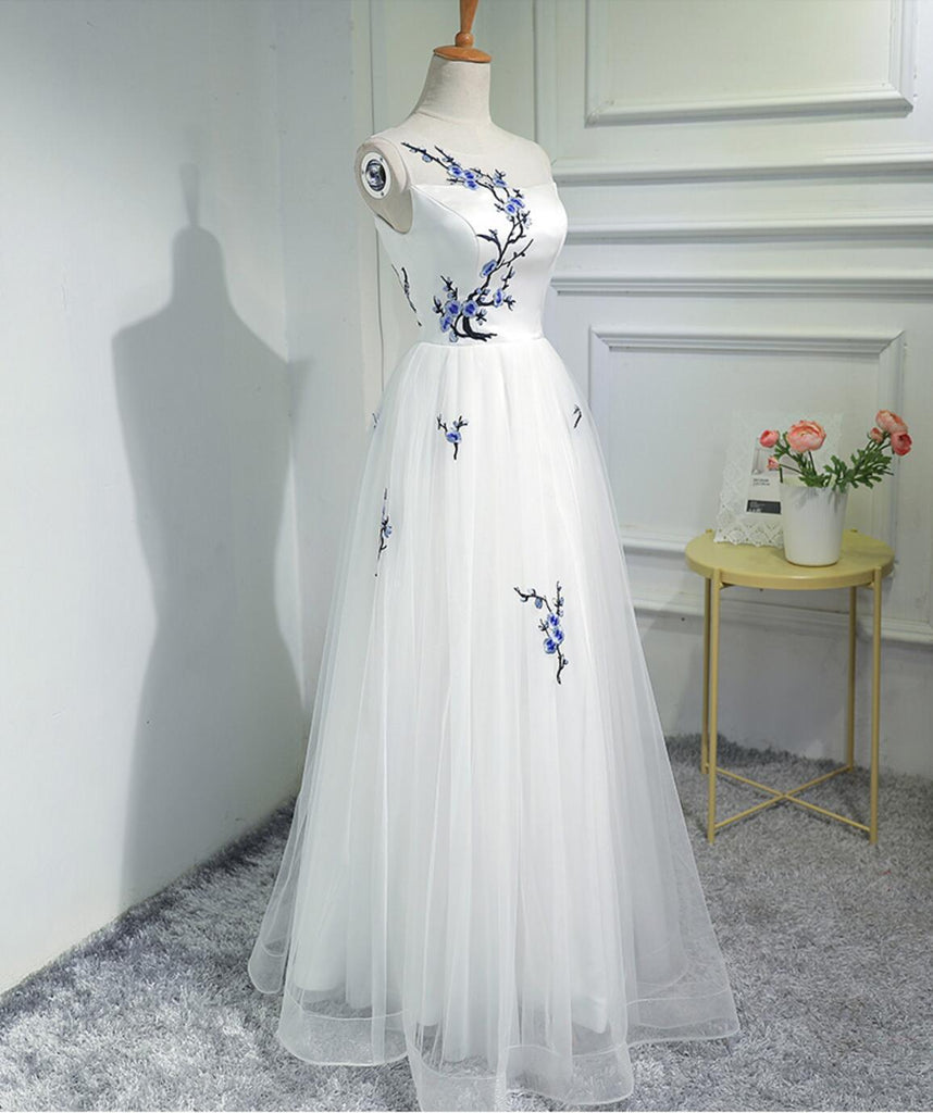 Simple Elegant Women Fashion White Embroidery Long Evening Prom Dresses, Popular Cheap Long 2022 Party Prom Dresses, 17301