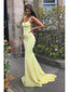 Simple Mermaid Yellow Spaghetti Straps Cheap Long Prom Dresses Online,12498