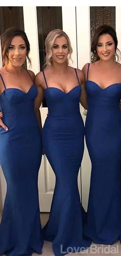 Simple Navy Blue Mermaid Spaghetti Straps Cheap Long Bridesmaid Dresses,WG1076