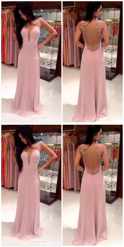 Simple Pink A-Line Backless V-neck Long Prom Dresses Online,Dance Dresses,12445