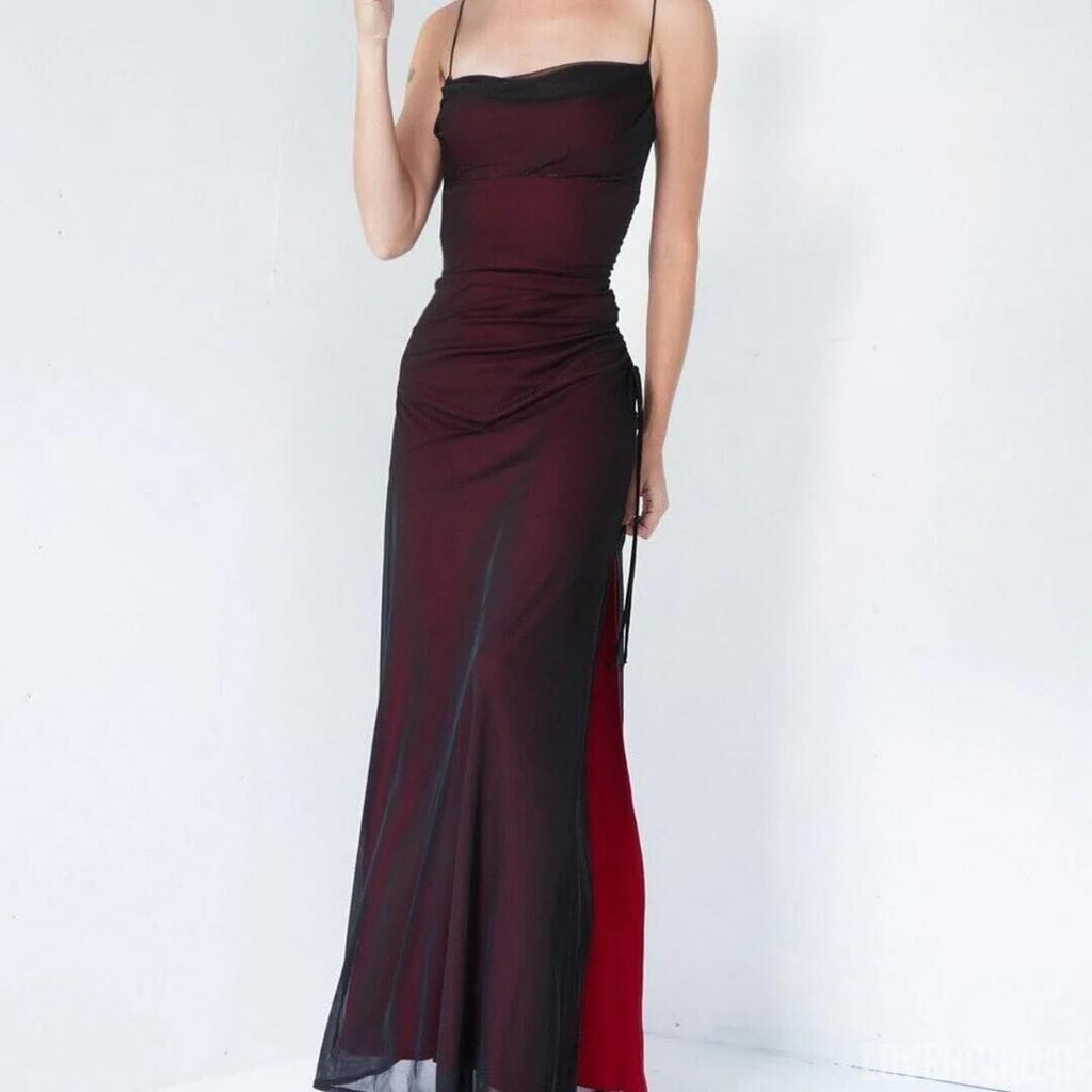 Simple Red Sheath Spaghetti Straps High Slit Long Bridesmaid Dresses Online,WG1015
