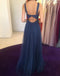 Simple Sexy Open Back Navy Long Evening Prom Dresses, Popular Cheap Long Party Prom Dresses, 17268