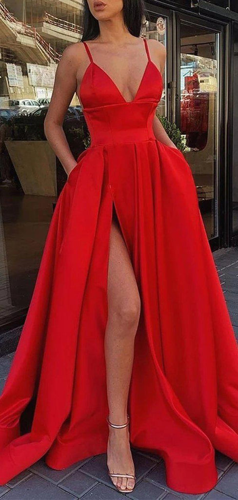 Simple Sexy Spaghetti Straps Side Slit Evening Prom Dresses, Evening Party Prom Dresses, 12138
