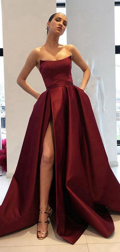 Simple Side Slit Cheap Maroon A-line Long Evening Prom Dresses, Cheap Sweet 16 Dresses, 18364