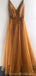 Simple V Neck Gold A-line Long Evening Prom Dresses, Cheap Custom Sweet 16 Dresses, 18565