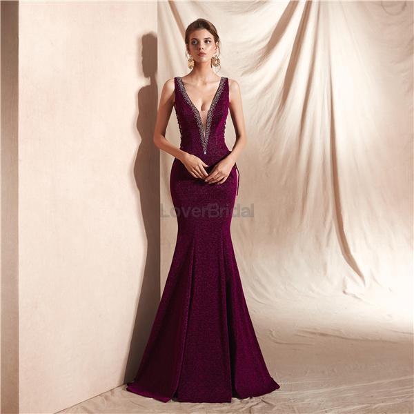 Simple V Neck Mermaid Evening Prom Dresses, Evening Party Prom Dresses, 12072