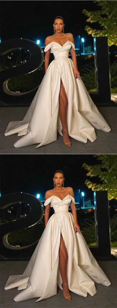 Simple White A-line High Slit Off Shoulder Cheap Prom Dresses Online,12550