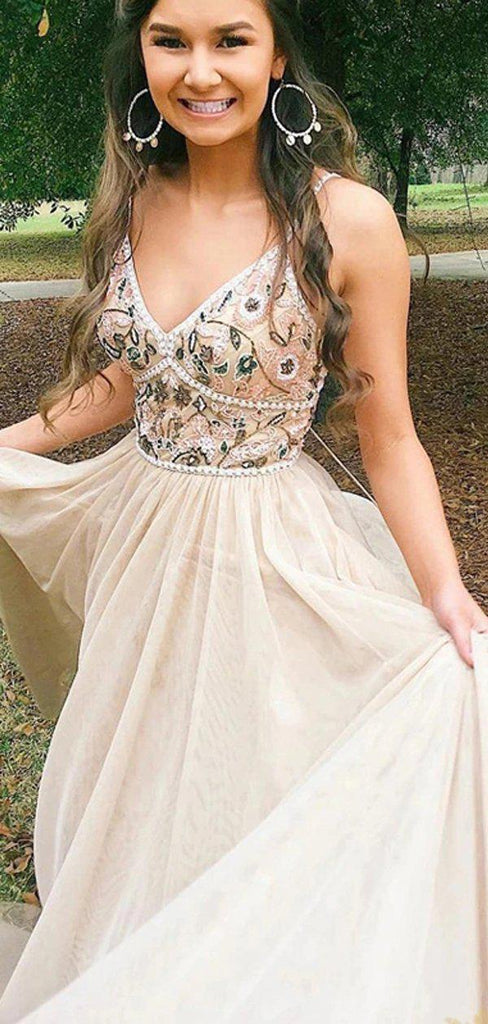 Spaghetti Straps Champagne Beaded Cheap Long Evening Prom Dresses, Evening Party Prom Dresses, 12307