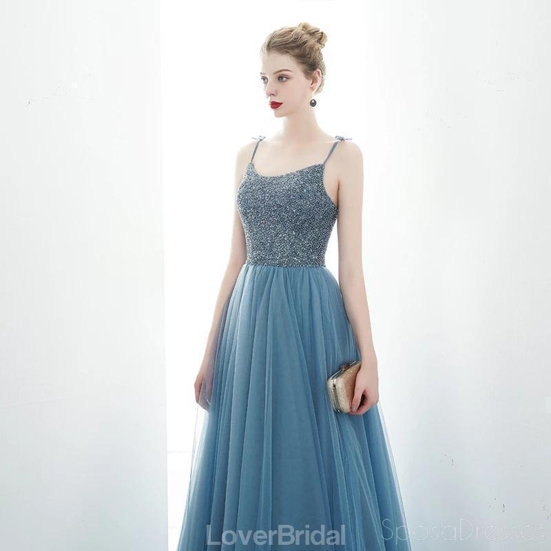 Spaghetti Straps Dusty Blue Cheap Evening Prom Dresses, Evening Party Prom Dresses, 12176