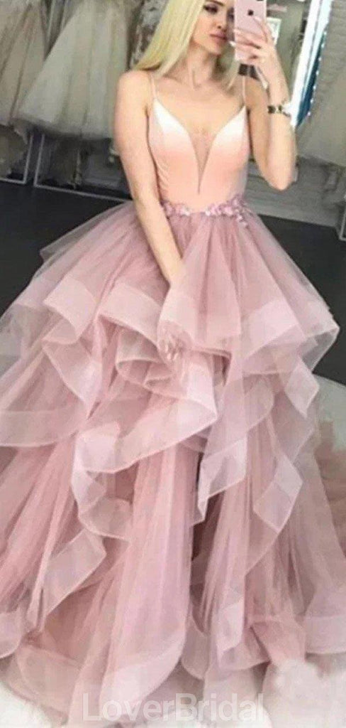 Spaghetti Straps Dusty Pink Ball Gown Cheap Evening Prom Dresses, Evening Party Prom Dresses, 12152