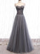 Spaghetti Straps Grey Rhinestone Beaded A-line Long Evening Prom Dresses, Evening Party Prom Dresses, 12330