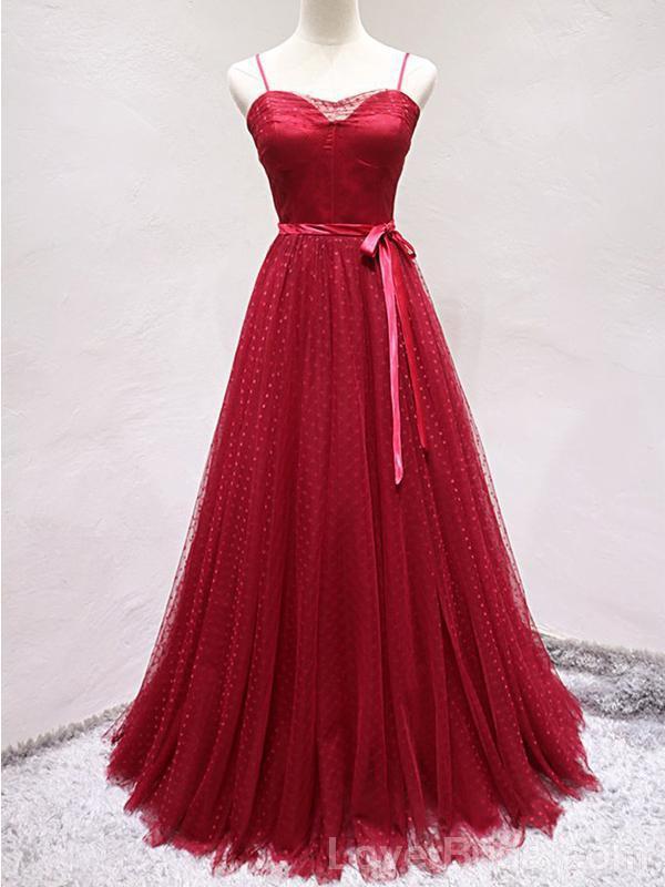 Spaghetti Straps Red Lace Long Evening Prom Dresses, Cheap Custom Party Prom Dresses, 18601