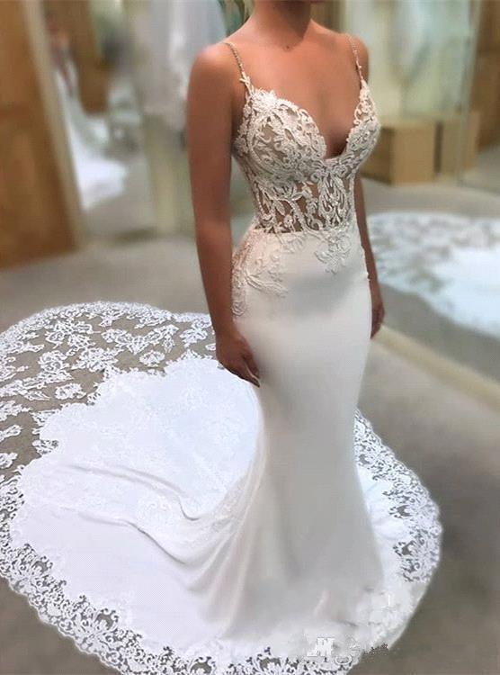 Spaghetti Straps See Through Lace Mermaid Wedding Dresses, Lace Wedding Gown, WD698
