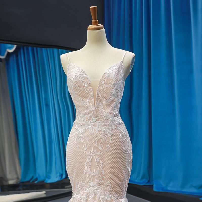 Spaghetti Straps V Neck Lace Mermaid Wedding Dresses, Cheap Wedding Gown, WD718