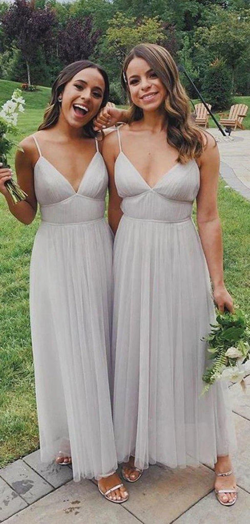 Spahgetti Straps Grey Tulle Long Bridesmaid Dresses Online, Cheap Bridesmaids Dresses, WG734