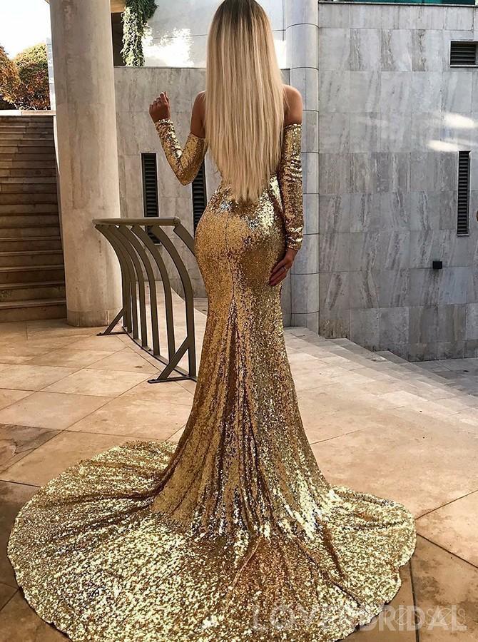 Sparkly Gold Sequin Long Sleeves Mermaid Evening Prom Dresses, Cheap Custom Sweet 16 Dresses, 18539