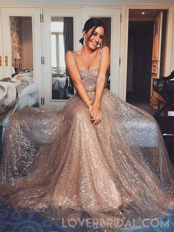 Sparkly Gold Sequin Suqare A-line Cheap Evening Prom Dresses, Cheap Custom Sweet 16 Dresses, 18476